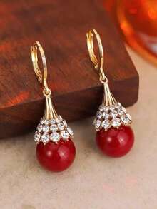 1 Pair Luxury Red Pearl Shiny Earrings, Elegant Lady Style Fashion Earrings For Banquet - Red - View 2