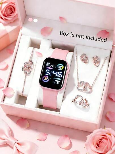 6件套女孩可爱时尚优雅LED数字显示电子手表，专为女孩设计，配有心形首饰套装（手链、项链、耳环、戒指），适合日常佩戴、生日/节日礼物、度假、派对装饰、毕业/返校季，也是送给朋友、家人和情人节的绝佳礼物。