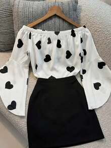 女士度假穿搭，女士夏季穿搭，时尚百搭优雅露肩长袖日常上衣 - 黑與白 - 查看 8