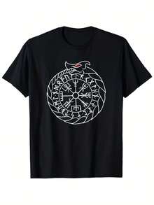 Men's Vegvisir Futhark Ouroboros Norse Symbol T-Shirt - Black R Graphic Tee with White Print, Short Sve Regular Fit for Gym, Training & Casual Wear, Gym rel, Round Neckline Shirt, - Negro 20 - Ver 1