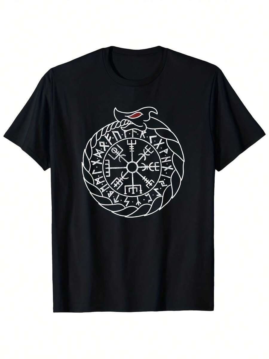 Men's Vegvisir Futhark Ouroboros Norse Symbol T-Shirt - Black R Graphic Tee with White Print, Short Sve Regular Fit for Gym, Training & Casual Wear, Gym rel, Round Neckline Shirt, - Negro 20 - Ver 1