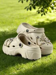 2026 New Women's Rhinestone Butterfly Chain Thick Sole EVA Clog Sandals, Shiny Decor Adjustable Heel Strap Summer Slip-On Shoes, Lightweight - Khaki - View 4