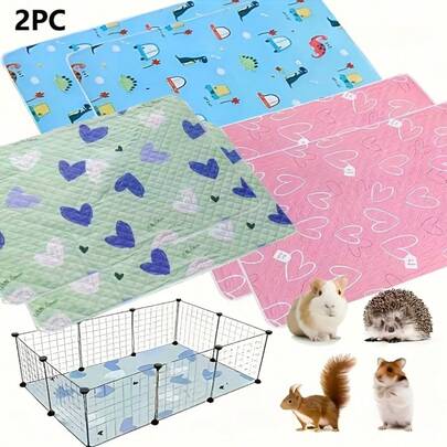 2pcs Reusable Pet Cage Pad - 3 Pattern Options: Blue Heart Green/Pink Heart/Blue Dinosaur. Durable, Washable Polyester Lining, Size 27.5x19.6 Inches. Suitable For Hamsters, Rabbits, Guinea Pigs, Squirrels, Cats, Dogs And Reptiles.