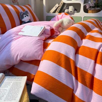 Juego de funda nórdica de 3 piezas a rayas naranjas, suave y transpirable, tamaño queen