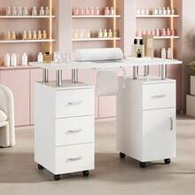 Estación Profesional de Manicura con Extracción de Aire Inferior – Mesa Móvil con Ruedas Bloqueables, Cojín Ergonómico y Amplio Almacenamiento (Cajones + Gabinete) – Ideal para Salones de Belleza y Sp - Blanco - Ver 5