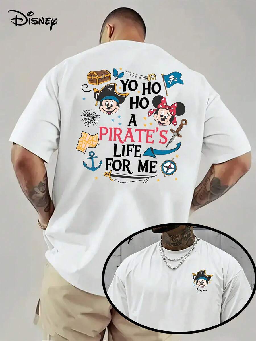 Disney Pirate Cruise Men's Round Neck Cotton T-Shirt, Mickey And Minnie Mouse Pirate Short Sleeve T-Shirt, Disney Couple Cruise Shirt, Disney Adventure Park Shirt, Double-Sided Printed Design, Spring And Summer Fashion, Breathable Material. - 白色 - 查看 1