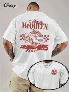 Authorized By Disney, Disney Retro 90' S Lightning McQueen Portrait Men's Pure Cotton T-Shirt-Soft Yellow Retro Pattern T-Shirt, With "241.3 Cm" And "King Of Racing" Design, Very Suitable For Summer Leisure Wear, Disney Car Movie Theme Birthday Gift, Disney T-Shirt, Fan Goods. - trắng - Xem 1