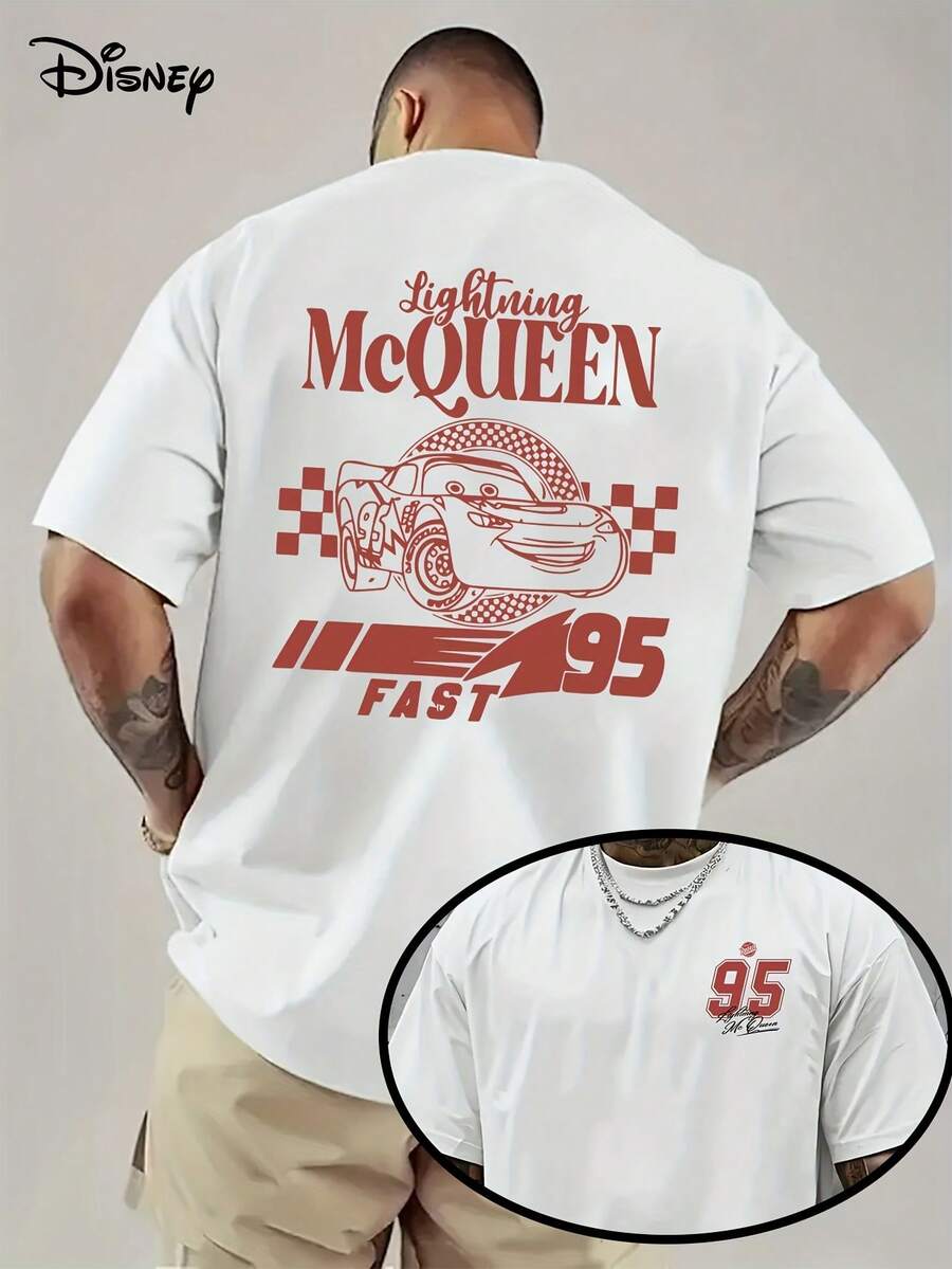Authorized By Disney, Disney Retro 90' S Lightning McQueen Portrait Men's Pure Cotton T-Shirt-Soft Yellow Retro Pattern T-Shirt, With "241.3 Cm" And "King Of Racing" Design, Very Suitable For Summer Leisure Wear, Disney Car Movie Theme Birthday Gift, Disney T-Shirt, Fan Goods. - trắng - Xem 1