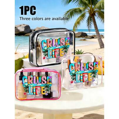 Bolso de mano de viaje con cremallera transparente - Impreso con "Vida de crucero" Bolso de tela, Bolsa de almacenamiento transparente de moda, Organizador ligero con cierre de cremallera, Bolso compacto para entusiastas del tejido, Bolsa con cremallera para viaje, Bolsa de maquillaje, Bolsa transparente de maquillaje y artículos de tocador para hombres/mujeres, Gimnasio, Aeropuerto, Playa, Viaje, Compras, Uso diario - Estuche de cosméticos portátil con identificación fácil, Almacenamiento de artículos personales, Estilo casual, Cierre de cremallera duradero