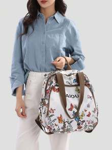 [Butterfly Garden Campus Backpack]2026 New Water-Repellent Nylon Printed Backpack Women's Large-Capacity Travel Office Commuter School Bag Retro Literary Handheld Backpack Computer Bag - A - View 6