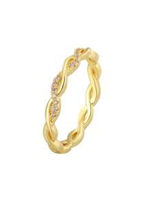 Women's Gold-Plated Zirconia Ring, Twisted Braided Ring Band With Micro-Inlaid Zirconia Accents, Minimalist Elegant Style For Daily Wear, Versatile Design, Great Birthday Gift For Fashion Enthusiasts - Gold - View 6