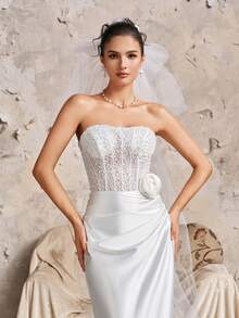 Sleeveless Off-Shoulder Beaded Wedding Dress With 3D Rose And Ruffle Details, Elegant Woven Maxi Dress Suitable For Parties And Romantic Events - White - View 7