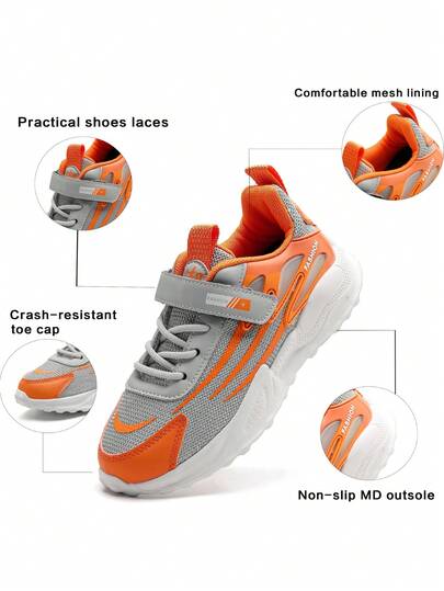 Zapatillas de deporte para niños en gris y naranja, con empalme, cierre de , malla transpirable, zapatos casuales ligeros y antideslizantes para deportes al aire libre, cómodos y versátiles para niños mayores