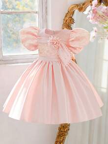 Young Girls' Puff Sleeve Floral Beaded Satin Elegant Formal Dress, Suitable For Graduation Party, Birthday Banquet, Excluding Headband - Màu Hồng baby - Xem 4