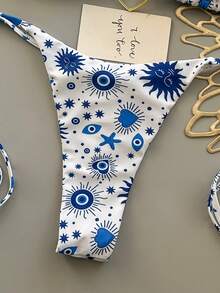 Women's Summer Beach Vacation Heart Metal Ring Decor Backless Tie Front Printed Bikini Set - Blue - View 7