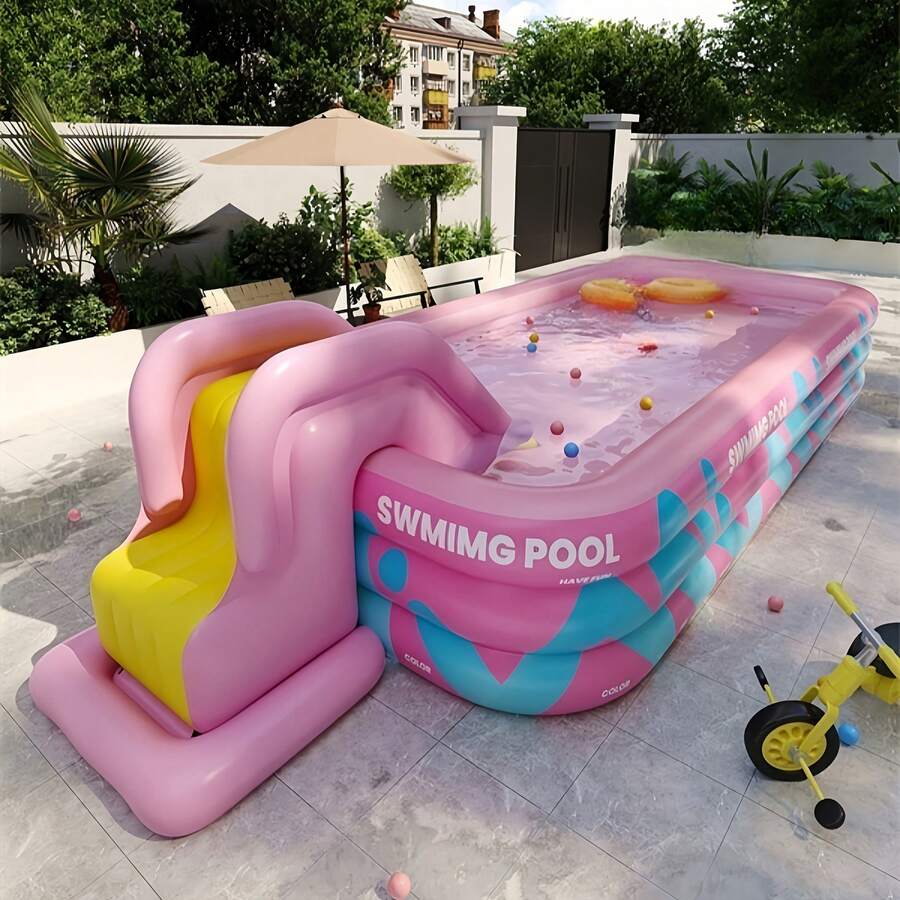 Vibrant Pink Striped Inflatable Pool, Home Adult Inflatable Water Pool, Thickened PVC Material, Outdoor Water Play Essential, Garden Yard Summer Water Fun Private Pool (Balls And Accessories Not Included)