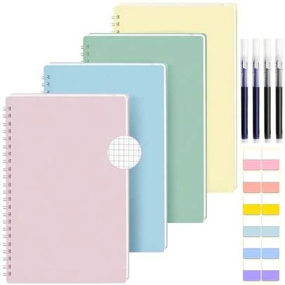 4 Stück A5 Raster Notizbuch Set, Hardcover Spiral Notizbuch mit Stift, Haftnotizen, 100 GSM Papier, 80 Blätter (160 Seiten) Journal für Erwachsene Arbeit, Schreiben, Lernen, Reisen, 14.5 x 21 cm