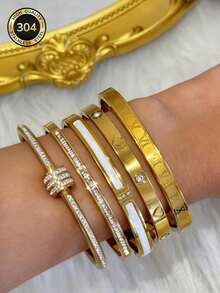 Bộ 5 vòng tay kiểu dáng tối giản, thanh lịch, sang trọng với họa tiết ngôi sao lấp lánh, chất liệu thép titan cao cấp dành cho nữ. - Vàng 5 - Xem 3