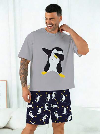 Conjunto de pijama para hombre talla grande | Parte superior de cuello redondo y manga corta, y pantalón corto casual con cintura elástica, conjunto de 2 piezas | Tela de punto de poliéster suave y transpirable, corte holgado | Diseño casual con estampado lindo de pingüinos