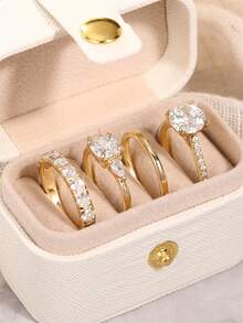4pcs/Set Luxury Cubic Zirconia Ring With Gift Box, Suitable For Women Wedding Engagement Anniversary Party Wear, Valentine's Day Gift - 1# - View 2