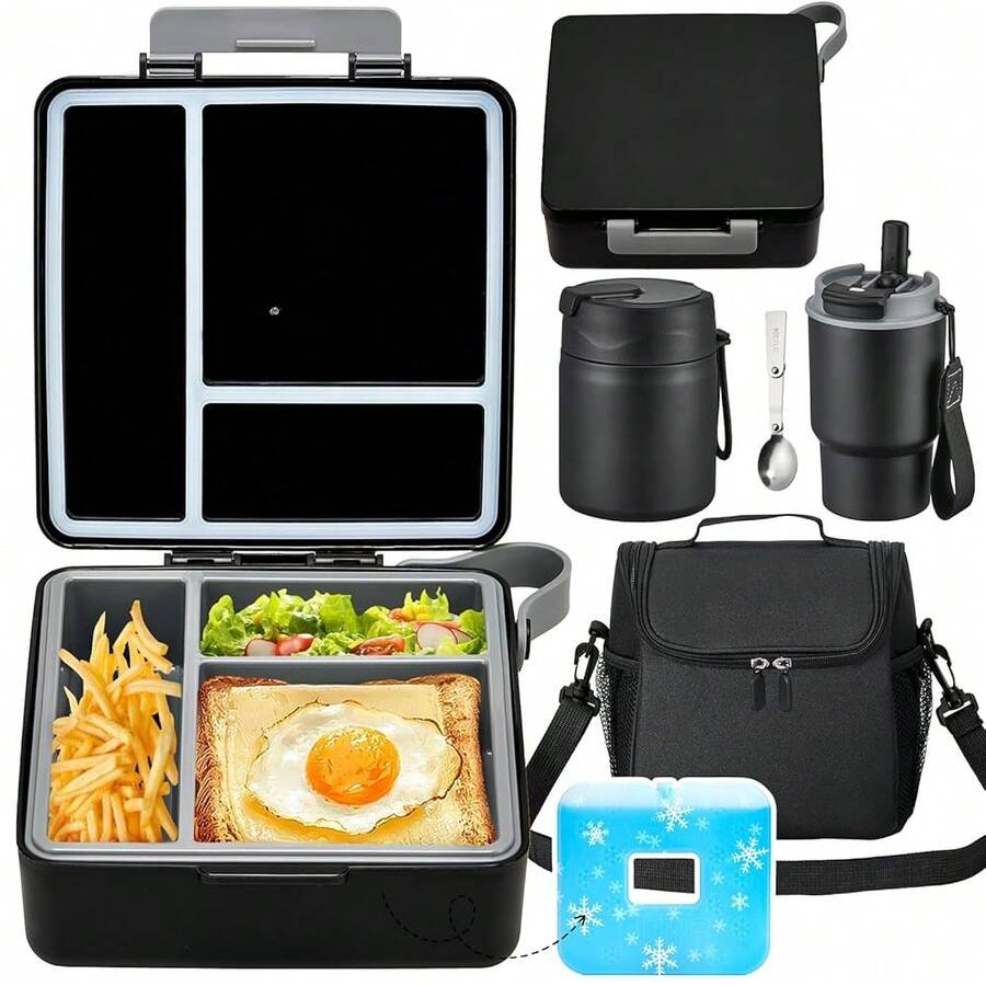 Pawtong Lunch Box Set With Bento Box Container, 17OZ Stainless Steel Food Soup Thermo,  Water Bottle & Portable Insulated Lunch Bag – Leakproof, Hot/Cold Retention For Schoolsss, Travel (Black) - Black - 查看 1