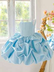 Đầm công chúa bằng satin xếp tầng thanh lịch cho bé gái, thích hợp dự tiệc sinh nhật, dạ hội, tiệc tùng (không bao gồm băng đô cài tóc). - Màu xanh nhạt - Xem 8