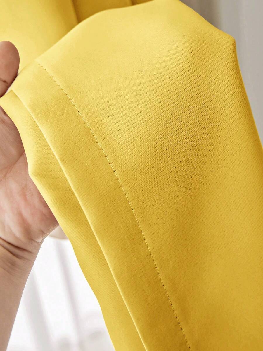 1pc Solid Color Polyester Curtain Panel, Blackout Curtain For Living Room, Bedroom, Darkens Room, Yellow - Yellow - View 1