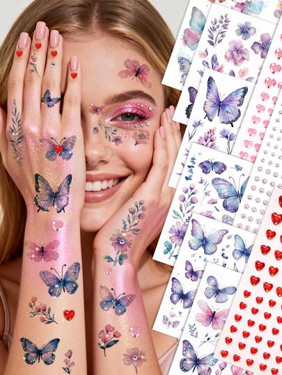 Assorted Glitter Butterfly Tattoo Stickers + Multi-Size Silver & White Crystal Rhinestone Face Gems, Women's Festival Gift, DIY Carnival, Valentine's Day, Y2K Music Festival, Party Makeup Masquerade Rhinestone Tattoo Set