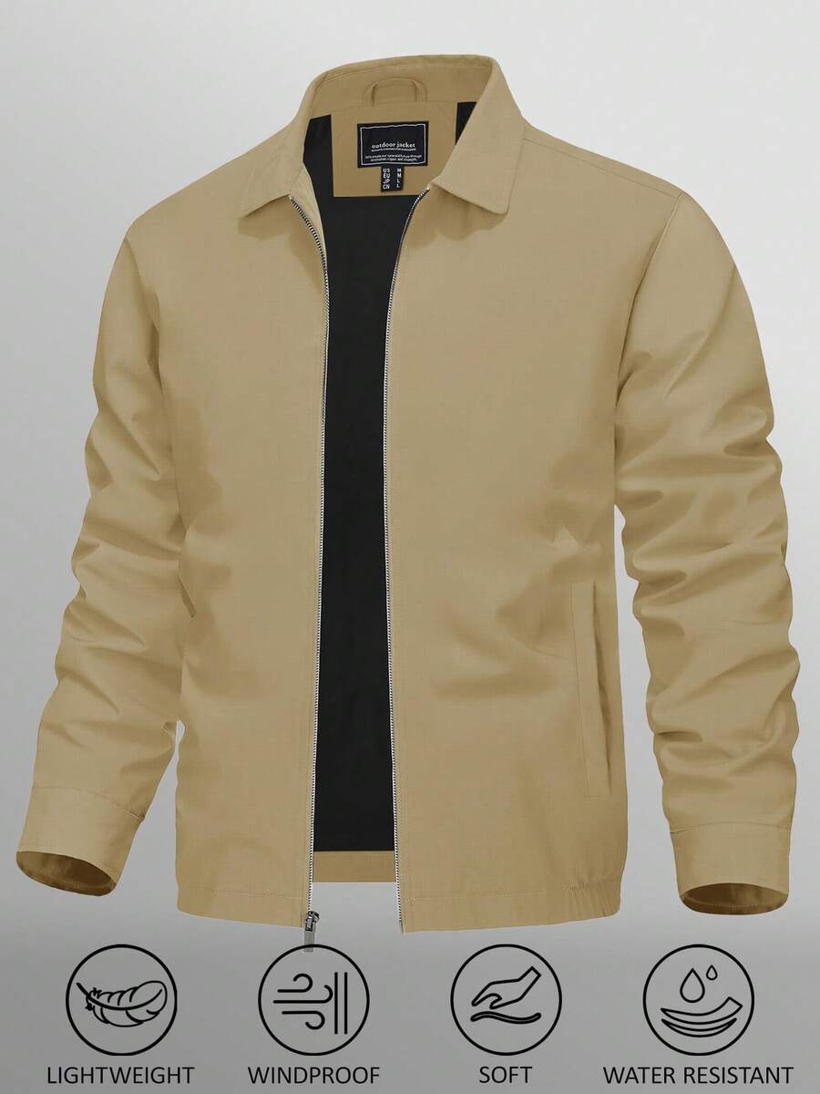KEFITEVD Men's Lightweight Water Resistant Windbreaker Full Zip Up Laydown Collar Jackets Light Casual Coat With Zip Pockets - Màu Khaki - Xem 1