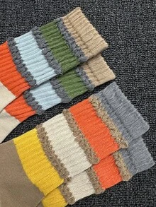 1 Pairs Women Loose Socks, Autumn/Winter Striped Mid-Calf Socks, Retro Rainbow Color Long Socks, Loose Cuff Comfortable Knit Socks, Cute Layered Socks, Ruffle Socks, Warm Winter Socks, Ruffle Hem Socks,Valentine's Day,Socks - 灰色 - 查看 5