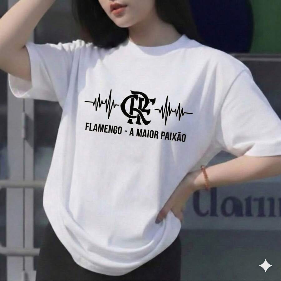 Women's T-Shirt, Flamengo Blouse, The Greatest Passion, Premium Cotton T-Shirt With Heartbeat Design. - 白/黑 - 查看 1