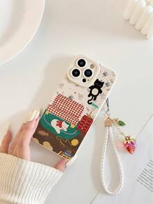 可爱猫咪彩绘镂空米色草莓手链吊坠简约时尚创意防震手机壳，兼容 17/ 17 Pro/ 17 Pro Max/ 16/11/16 Pro/16 Plus/16 Pro Max/16 e/15 Pro Max/13/14/12/XS/XR/7G/8P，兼容三星 Galaxy S25/S25 Plus/S25 Ultra/A16/A36/A26/A56/A50/A12/A32 - 彩色 - 查看 3
