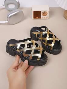 Kids Fashion Slippers, New Summer Thick Sole Mesh Hollow Design Fashionable & Breathable Children Slides - Gold - View 7