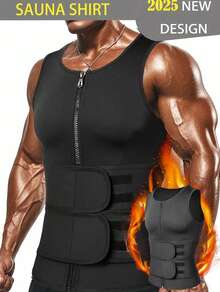 Men's Body Shaper Waist Trainer Sauna Vest Double Belt Sweat Shirt Corset Top Abdomen Slimming Shapewear Fat Burn Fitness Suits - 黑色 - 查看 1