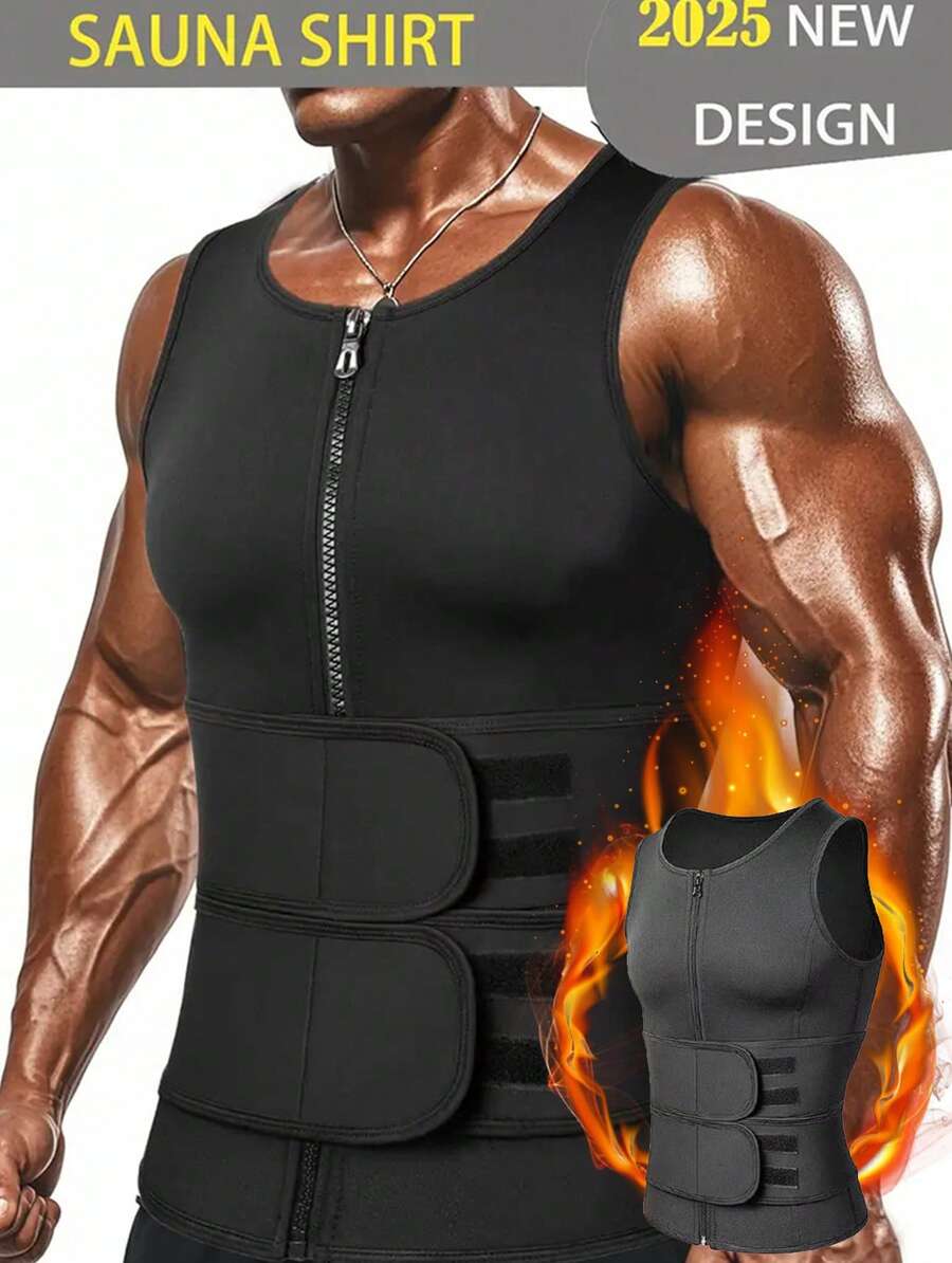 Men's Body Shaper Waist Trainer Sauna Vest Double Belt Sweat Shirt Corset Top Abdomen Slimming Shapewear Fat Burn Fitness Suits - 黑色 - 查看 1