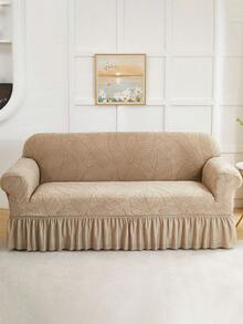 1pc Jacquard Leaf Pattern Ruffled Elastic Sofa Cover, Dust-Proof And Dirt-Resistant, Stretch-To-Fit Full Coverage Sofa Protector, Home Decor, Machine Washable, Pillow Cover Not Included - Khaki - View 11