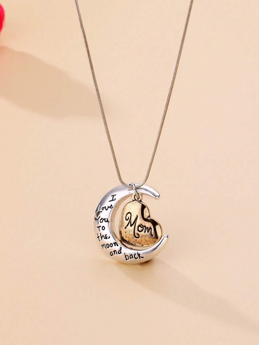 1件女士锌合金刻字“妈妈”项链，爱到月亮再回来，表达母爱，适合日常佩戴 - 彩色 - 查看 1
