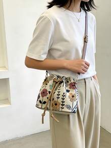 1个多色帆布单肩包、手提包、水桶包，女士款，升级加厚帆布托特包，休闲通勤单肩斜挎包，时尚简约，大容量可装日常必需品，适合各种场合 - 彩色 - 查看 1