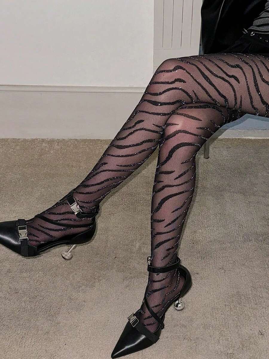 1 Pair Zebra Textured Lurex Glitter Socks, Sexy Shiny Fashion Elastic Stockings For Music Festival/Party/Prom/Y2K - Multicolor - View 1