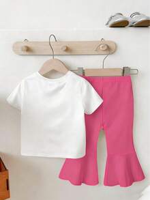 Baby Girl Cartoon & Letter Print Short Sleeve T-Shirt And Flare Pants Set - Hot Pink - View 2
