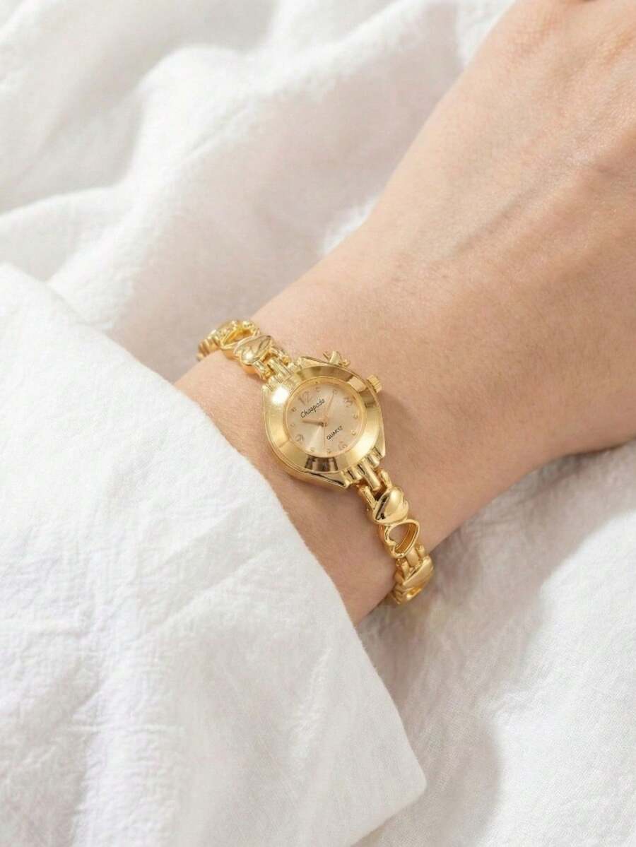 这款女士奢华金色合金表带石英腕表，适合正式场合佩戴。是母亲节、情人节或结婚纪念日送给妻子或女友的理想礼物。这款优雅的女士腕表非常适合出席晚宴、婚礼和时装秀等正式活动。也是腕表爱好者的完美之选。