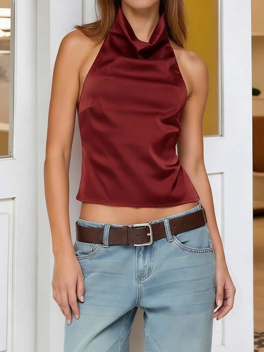 Womens Summer Halter Tops Summer Fashionable Solid Color Slim Fit Cowl Neck Backless Satin Vest - Burgundy - View 1
