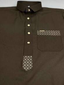 Muslim Men Long Sleeve Color Block Shirt Collar Design Button Decor Long Robe, Premium Fabric Arabic Men Long Robe - Coffee Brown - View 3