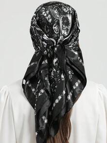 Women's Printed Satin Scarf 90x90 Large Square Summer Fashion - 黑色 - 查看 3