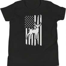 Camiseta de manga corta para jóvenes con diseño de caza de ciervos y bandera estadounidense - Negro 3 - Ver 1