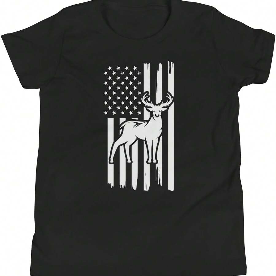 Camiseta de manga corta para jóvenes con diseño de caza de ciervos y bandera estadounidense - Negro 3 - Ver 1