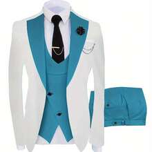 A Three-Piece Suit For Groomsmen, Featuring A Slim Fit Tuxedo Ideal For Wedding Dances, Includes A Stylish Jacket, Trousers, Vest, Tie, Tie Clip, Handkerchief, Two Cufflinks, A Boutonniere, And A Brooch For Formal Occasions - Peacock Blue - 查看 1