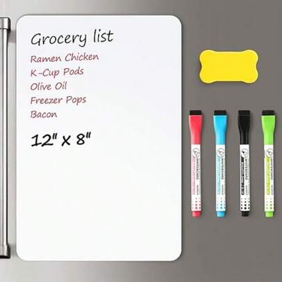 Magnetic Dry Erase Board Sheet For Fridge, 12"X8" Erasable Refrigerator WhiteBoard W/ 4 Markers (Black, Red, Blue, Green) & 1 Eraser- Smooth And Flexible Small Magnet Blank Notepad For Home Kitchen Organizer And Planner