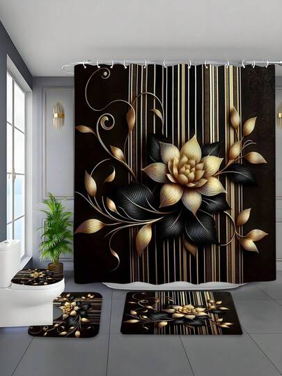 1/4pcs Black & Gold Floral Pattern Bathroom Set, High Quality Polyester Material With 12 Hooks Anti-Slip Rug, U-Shaped Toilet Mat And Toilet Lid Cover, Size 71x71 Inches