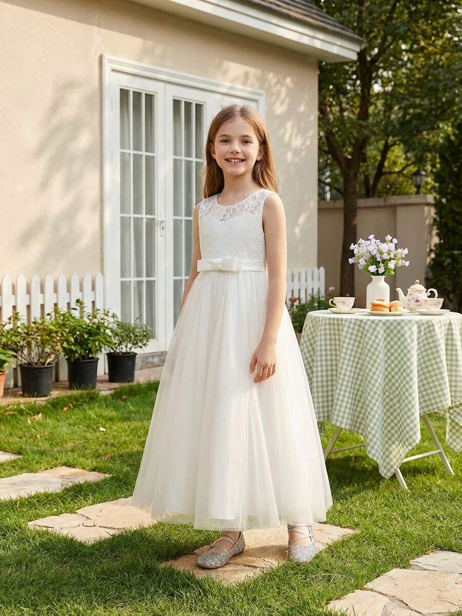 Flower Girls Vintage Lace Wedding Maxi Dress Floor Length Bridesmaid Party Long Pageant Princess Communion Boho Dance Gown - trắng - Xem 1